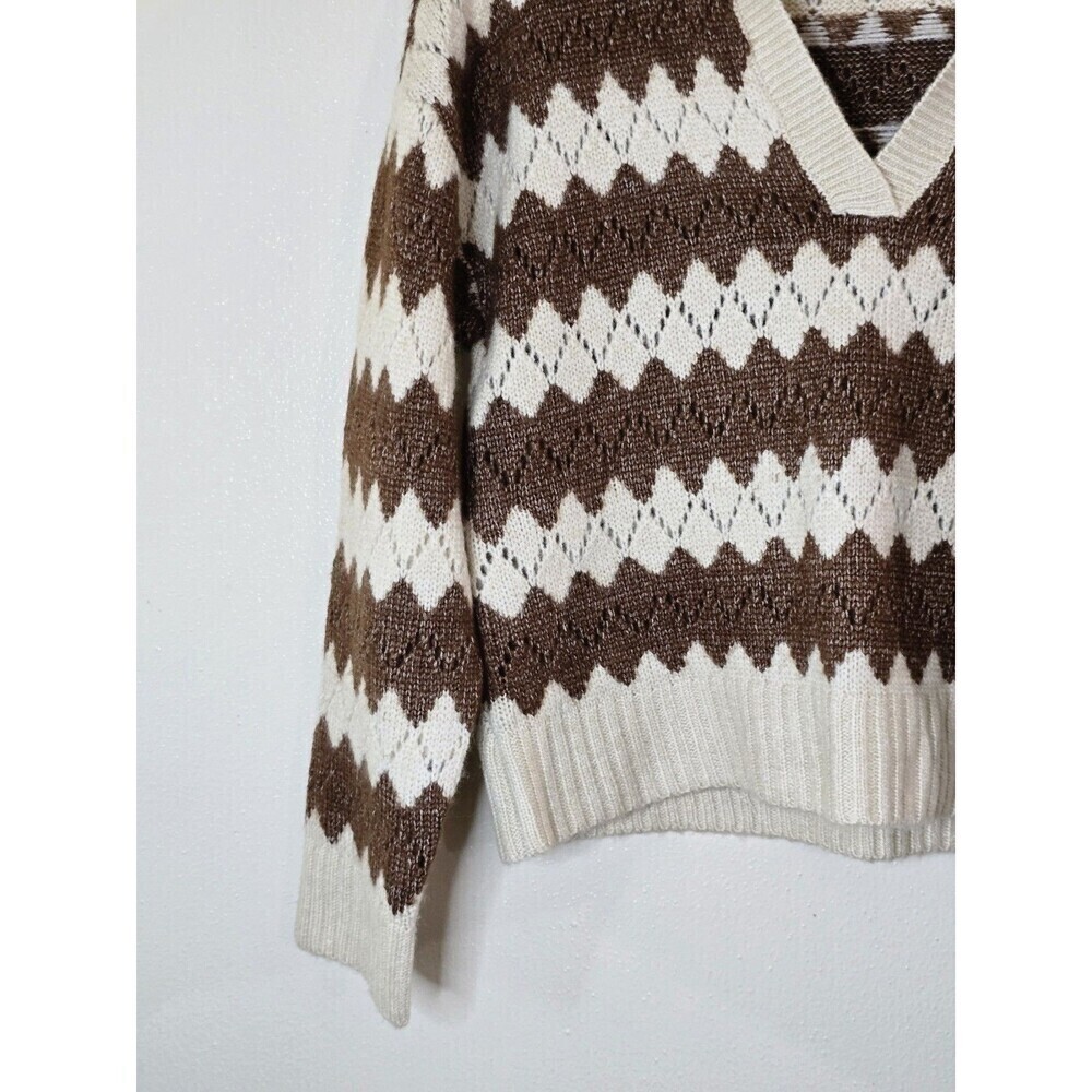 ANA A New Approach Chevron Sweater Womens XS Brown Cream Collared V Neck Knit - Picture 6 of 11